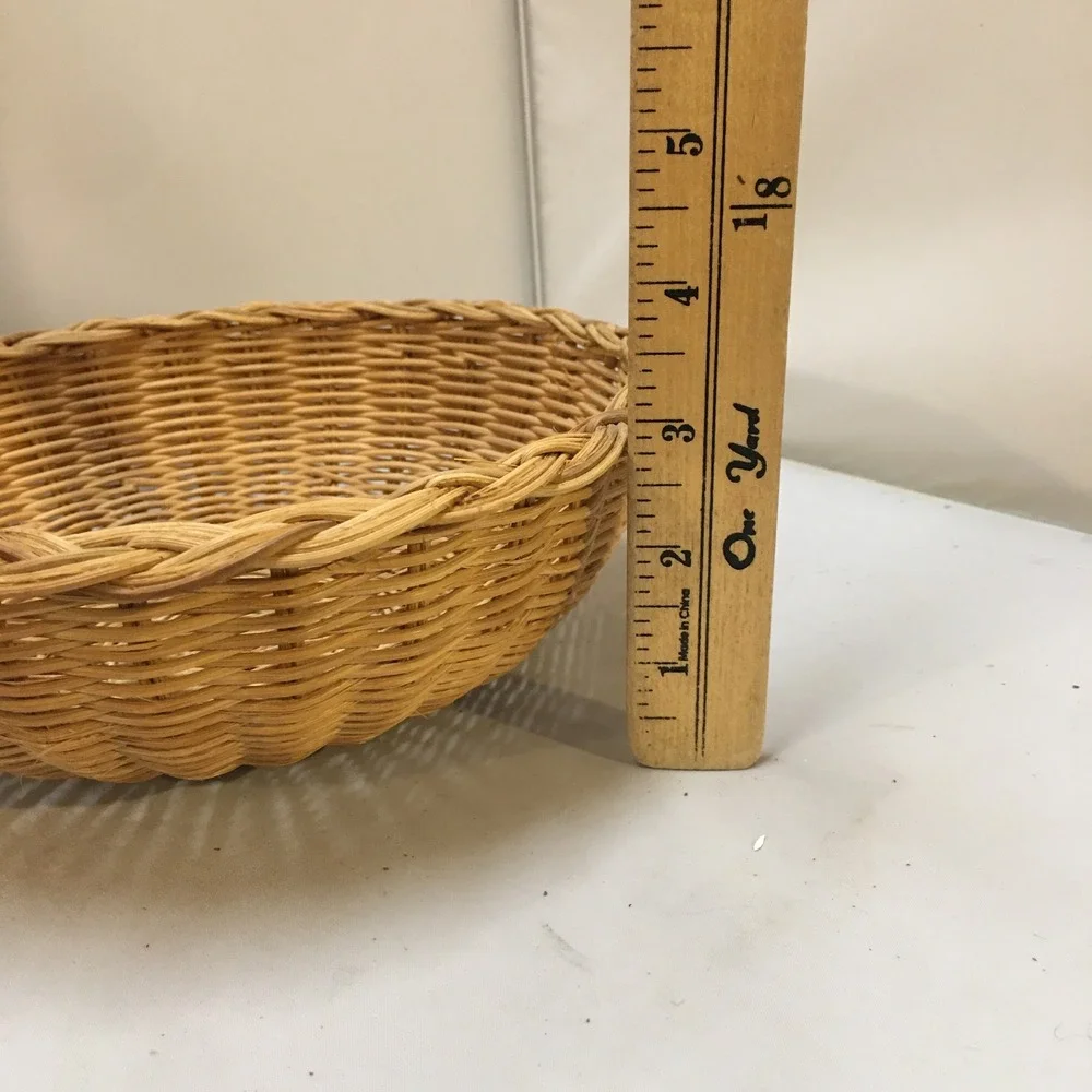 Woven Wicker Basket Home Decor 9in Tan Round Braided Rim Cottagecore